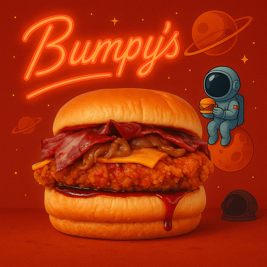 Burger au poulet en vente chez Bumpy's. Chicken Burger made by Bumpy's. Pollo Hamburgesa en Bumpy's.