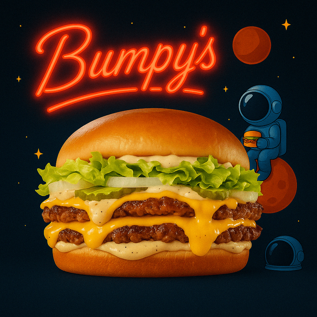 Burger au boeuf en vente chez Bumpy's. Beef Burger made by Bumpy's. Hamburgesa en Bumpy's.