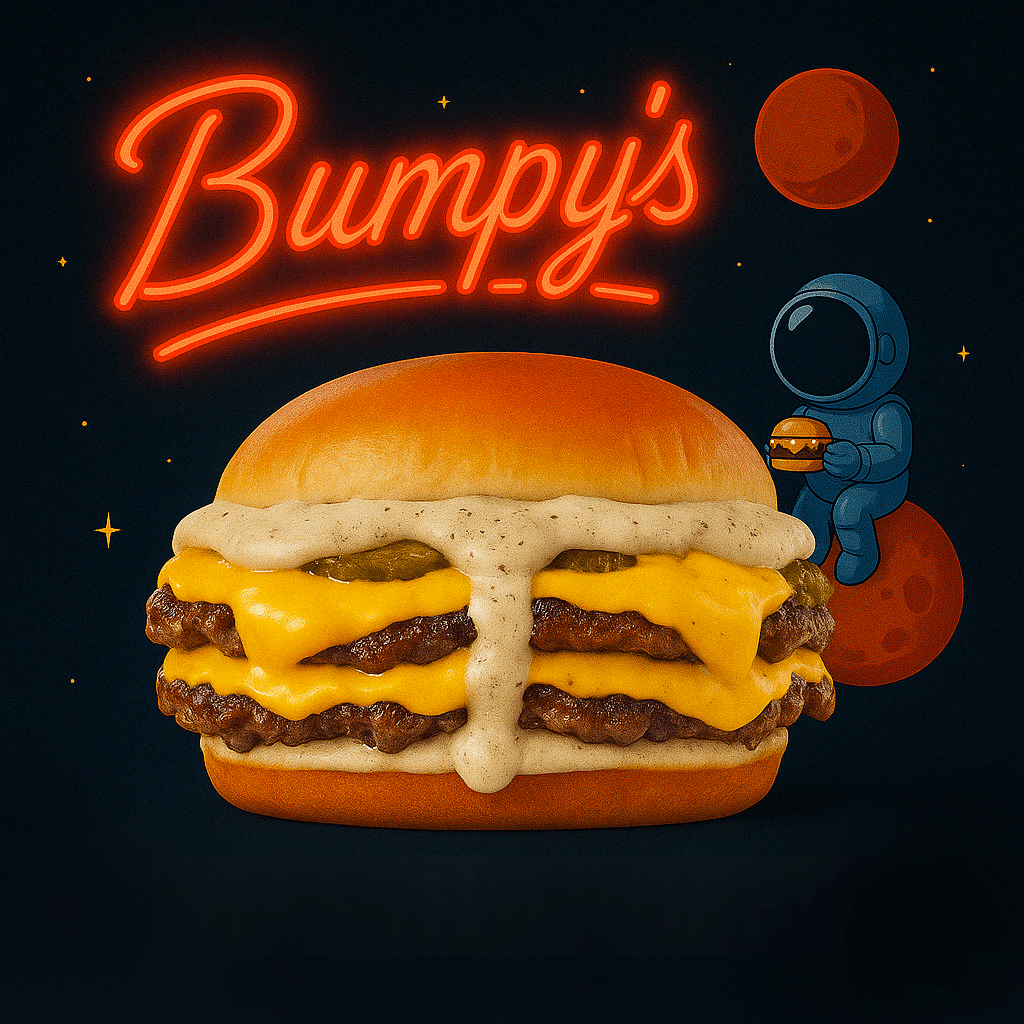 Burger au boeuf en vente chez Bumpy's. Beef Burger made by Bumpy's. Hamburgesa en Bumpy's.
