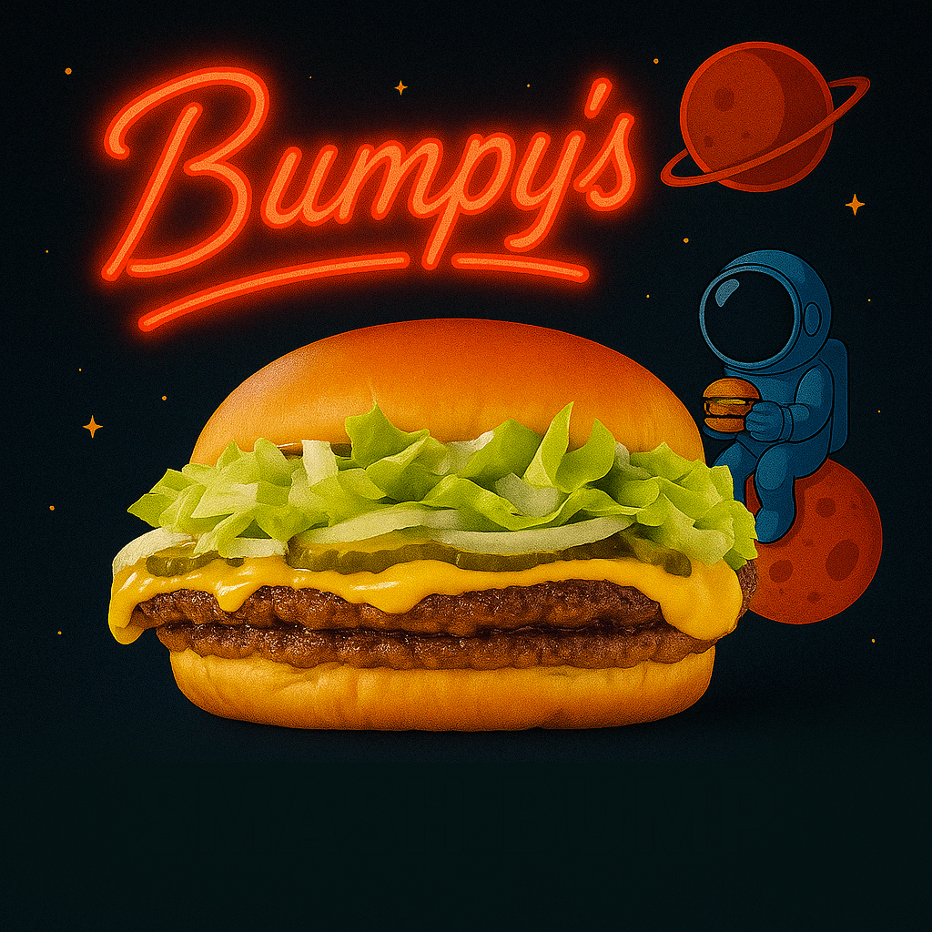 Burger au boeuf en vente chez Bumpy's. Beef Burger made by Bumpy's. Hamburgesa en Bumpy's.