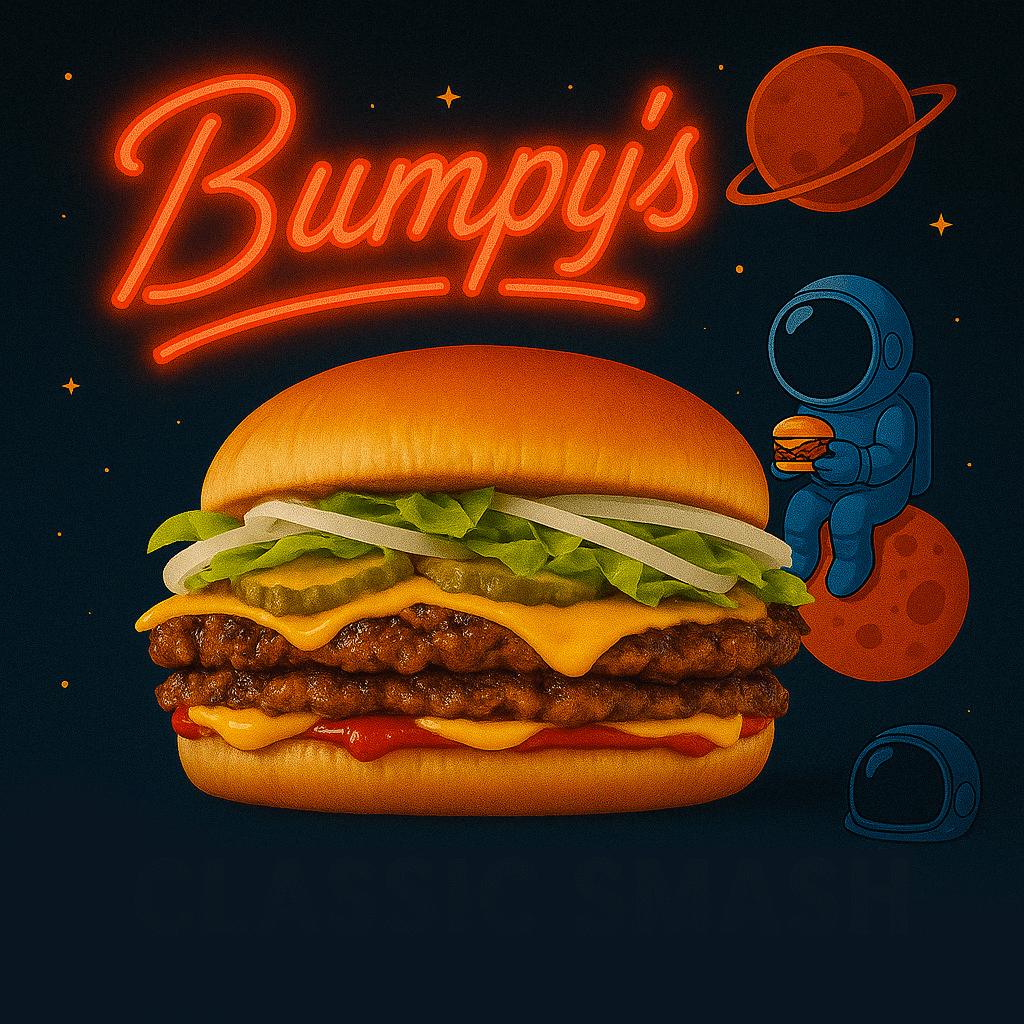Burger au boeuf en vente chez Bumpy's. Beef Burger made by Bumpy's. Hamburgesa en Bumpy's.