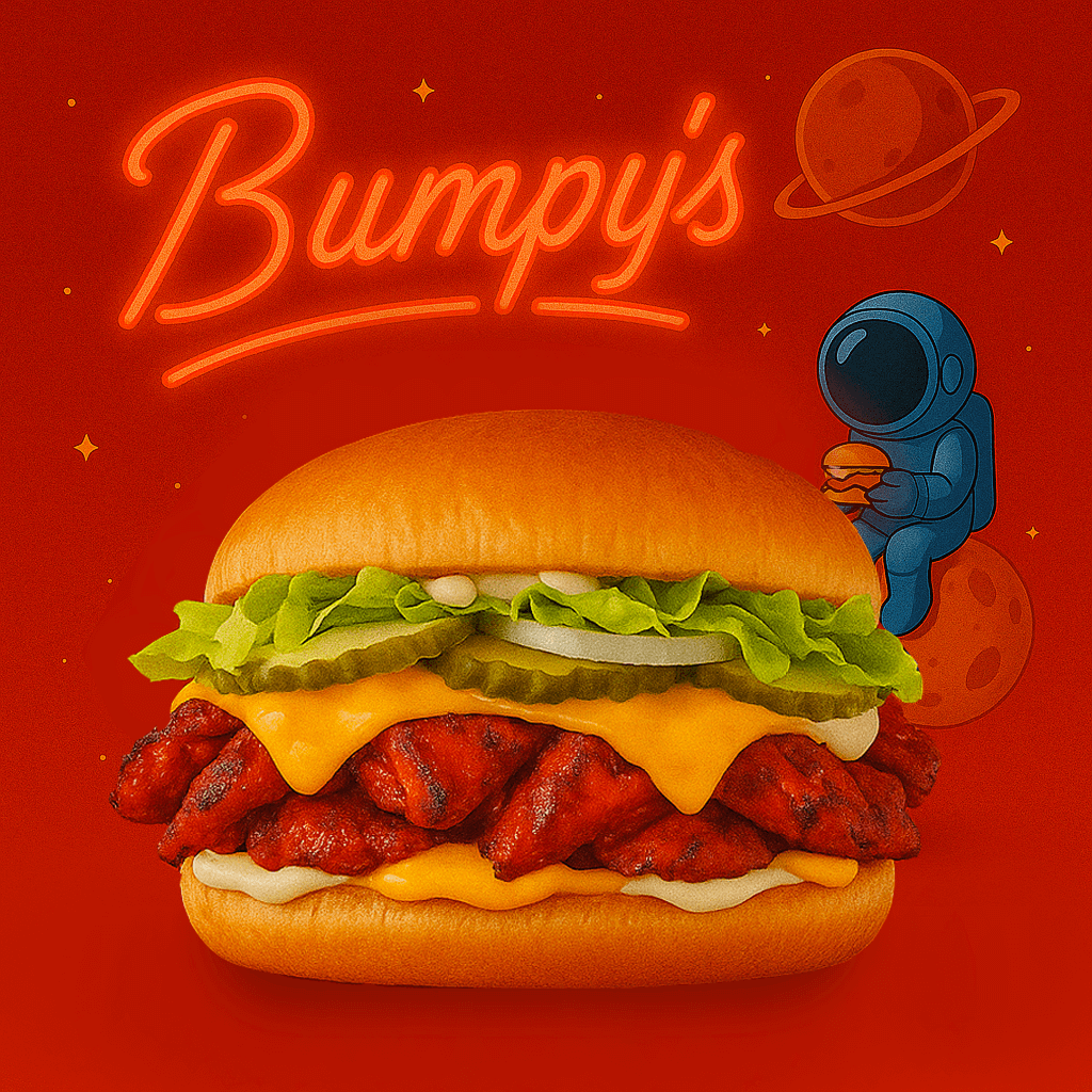 Burger au poulet en vente chez Bumpy's. Chicken Burger made by Bumpy's. Pollo Hamburgesa en Bumpy's.