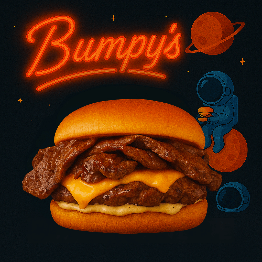 Burger au boeuf en vente chez Bumpy's. Beef Burger made by Bumpy's. Hamburgesa en Bumpy's.