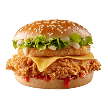 Burger au poulet en vente chez Bumpy's. Chicken Burger made by Bumpy's. Pollo Hamburgesa en Bumpy's.