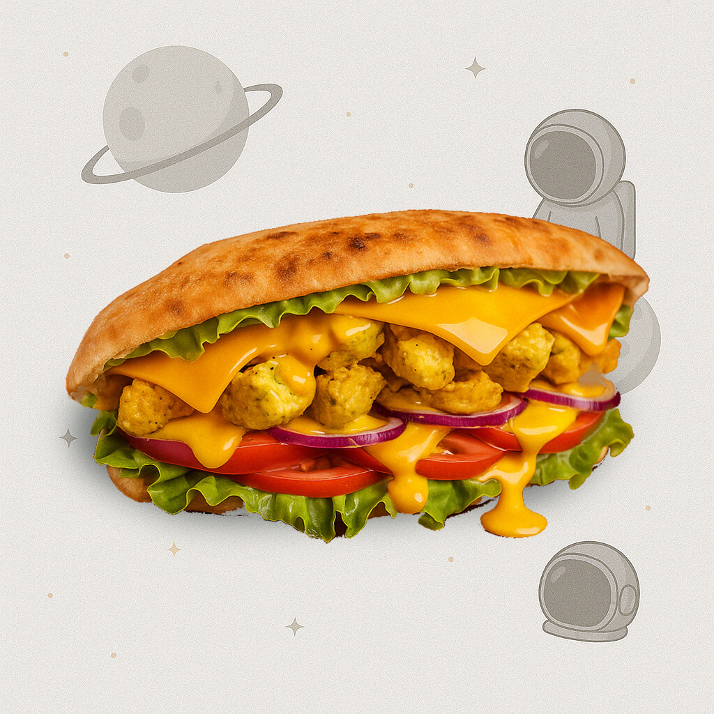 Sandwich au poulet en vente chez Bumpy's. Chicken Sandwich made by Bumpy's. Pollo Bocadillo en Bumpy's.